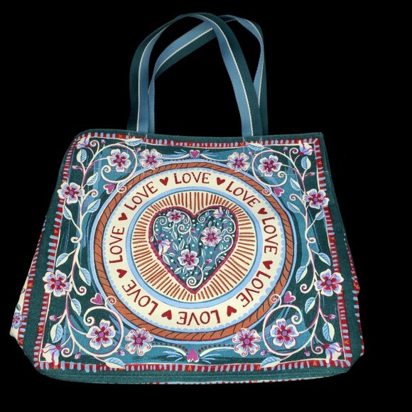 BRIGHTON Bella Tile Tote Love Is All You Need Purse Multicolor Canvas Book Bag - Picture 1 of 4